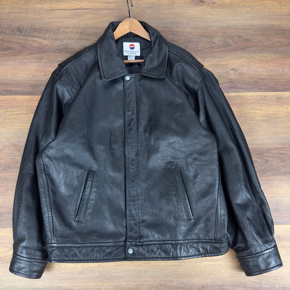 Vintage 90s Pepsi‎ Genuine Leather Bomber Jacket Mens XL Black Nothing Else Is A